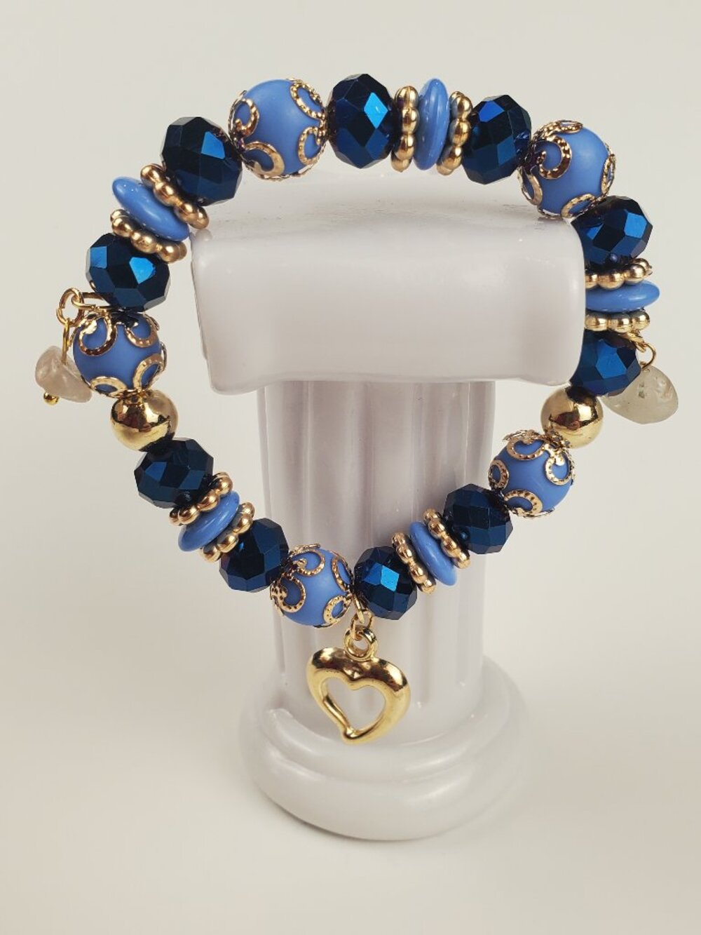 Blue Gold Heart Bracelet, Luxury Beaded Bracelet, Statement Charm Bracelet, Navy